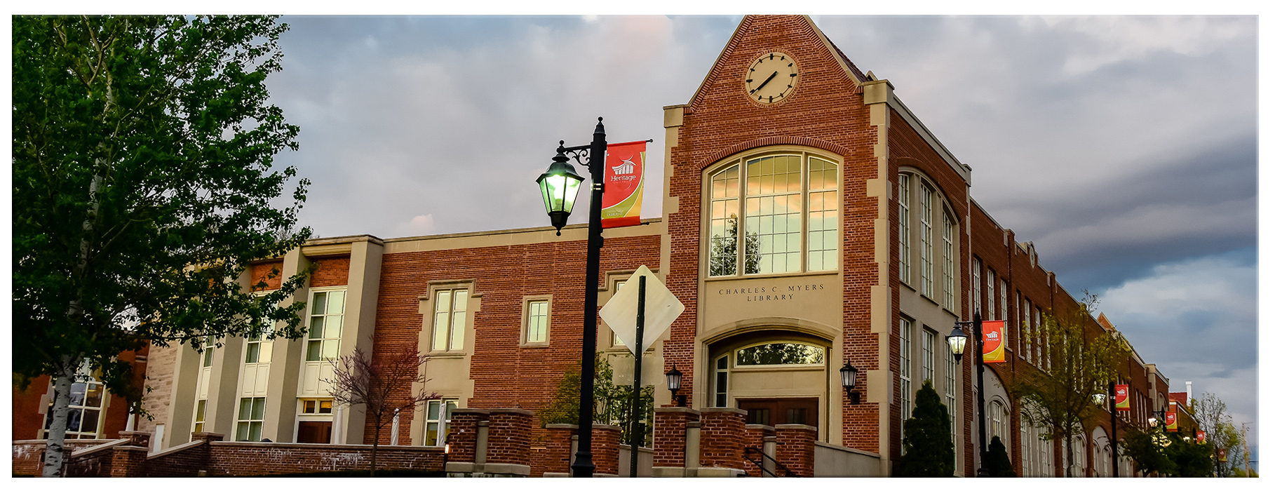 Sunset at Charles C Myers Library at UDTS