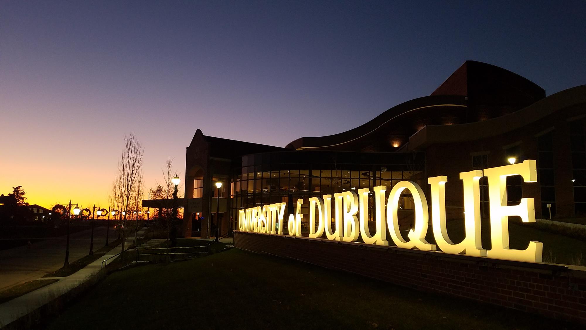 University of Dubuque letters at sunset