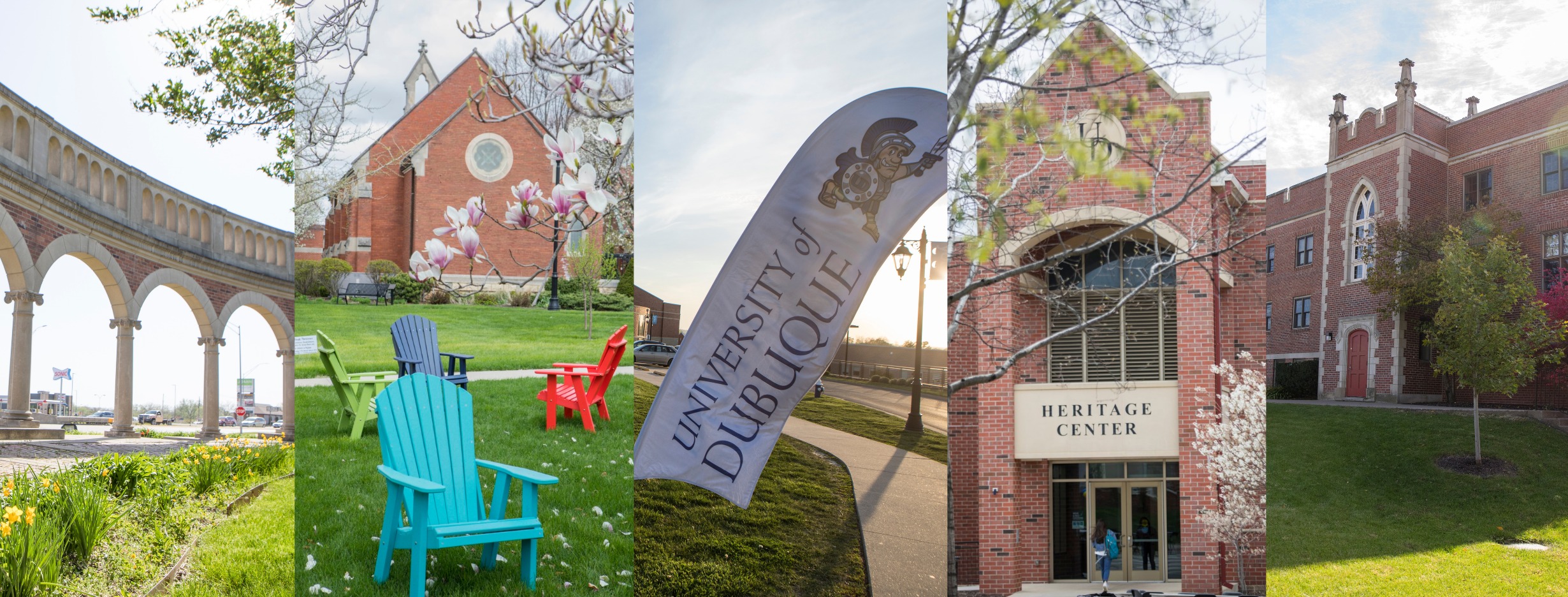 Composite of UD campus images: arches, Alumni Hall, UD banner, Heritage Center, Van Vliet Hall